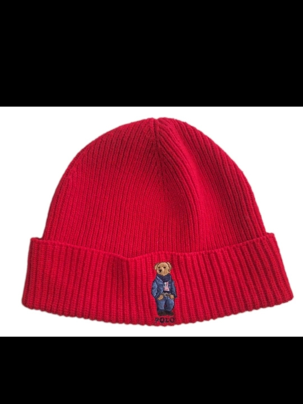 Polo Ralph Lauren Red Polo Bear Denim College Bear Knit Beanie Winter Hat